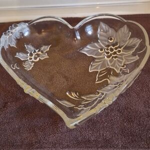 Beautiful, heavy weight heart shaped crystal dish.  Frosted with three d design.